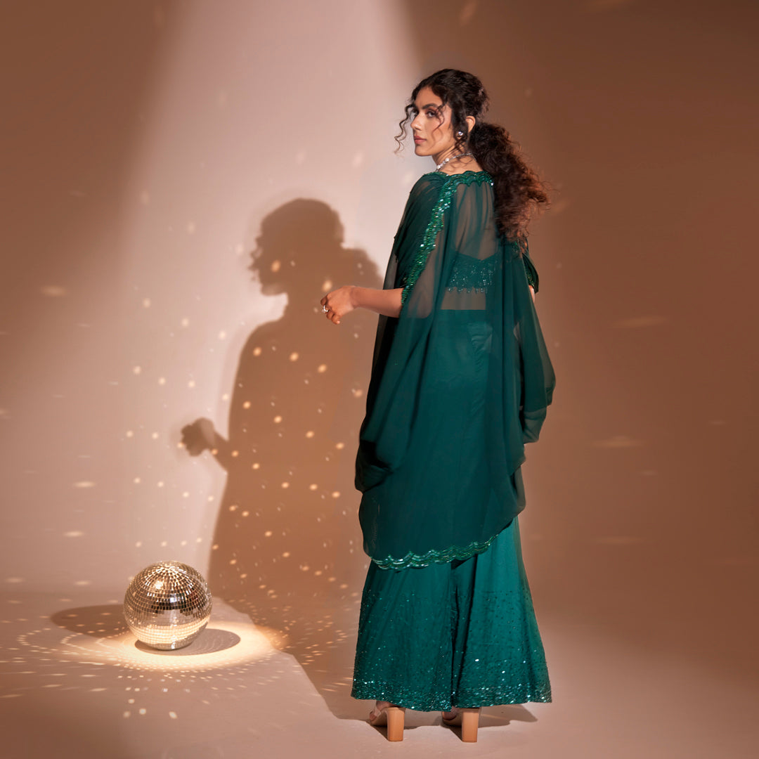 draped long cape+ embroidered bustier +embellished palazzo