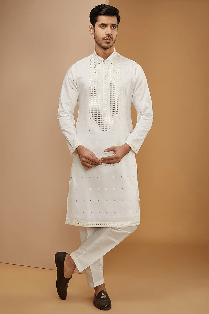 Off White Mirror Embroidered Kurta Set