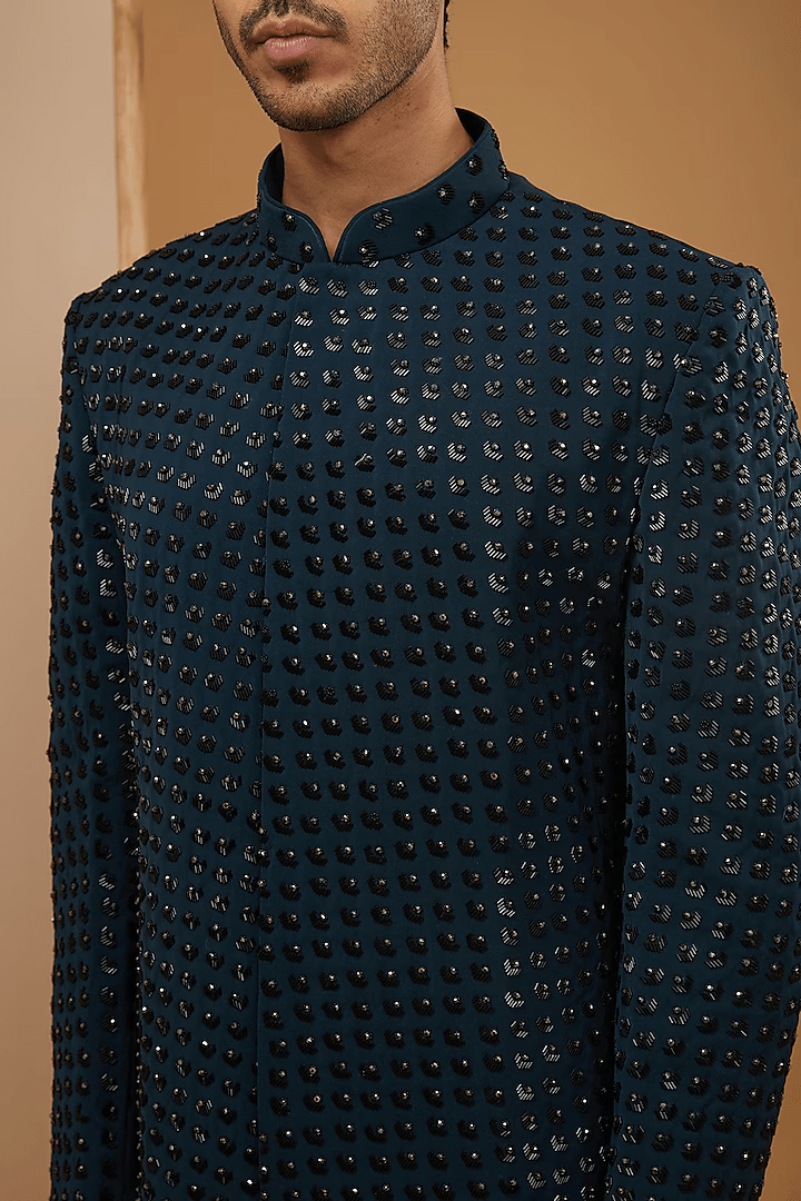 Teal Blue Embroidered Achkan Set