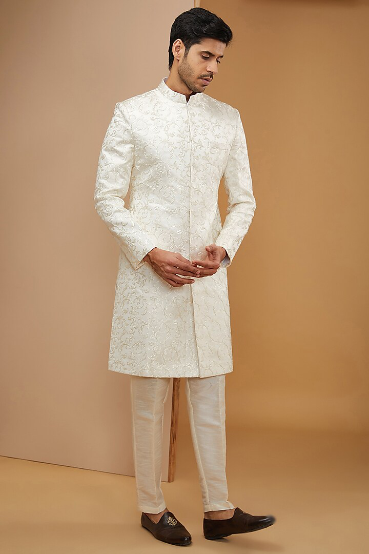 Off White Embroidered Achkan Set