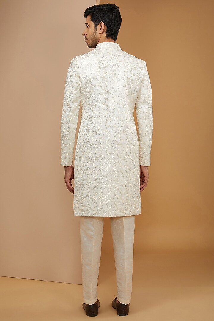 Off White Embroidered Achkan Set