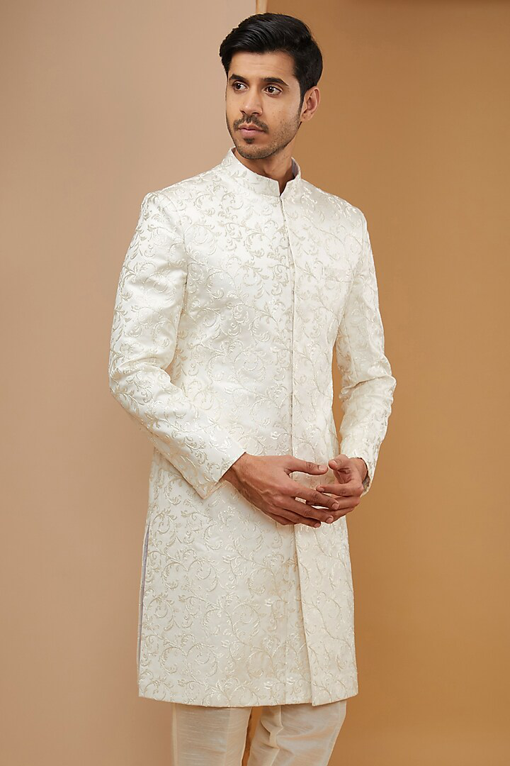Off White Embroidered Achkan Set