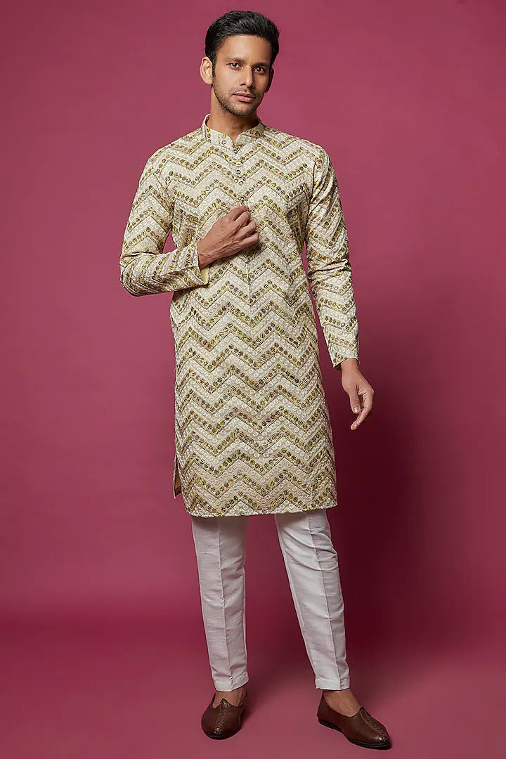 Beige & Green Kurta Set