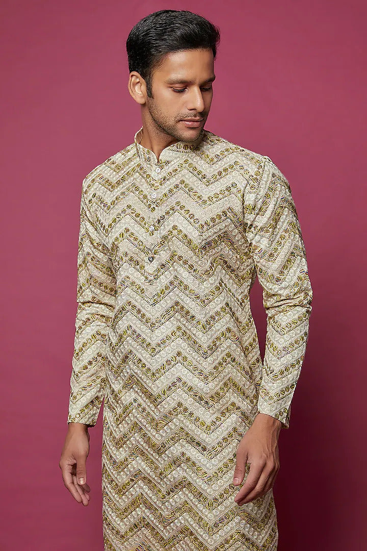 Beige & Green Kurta Set