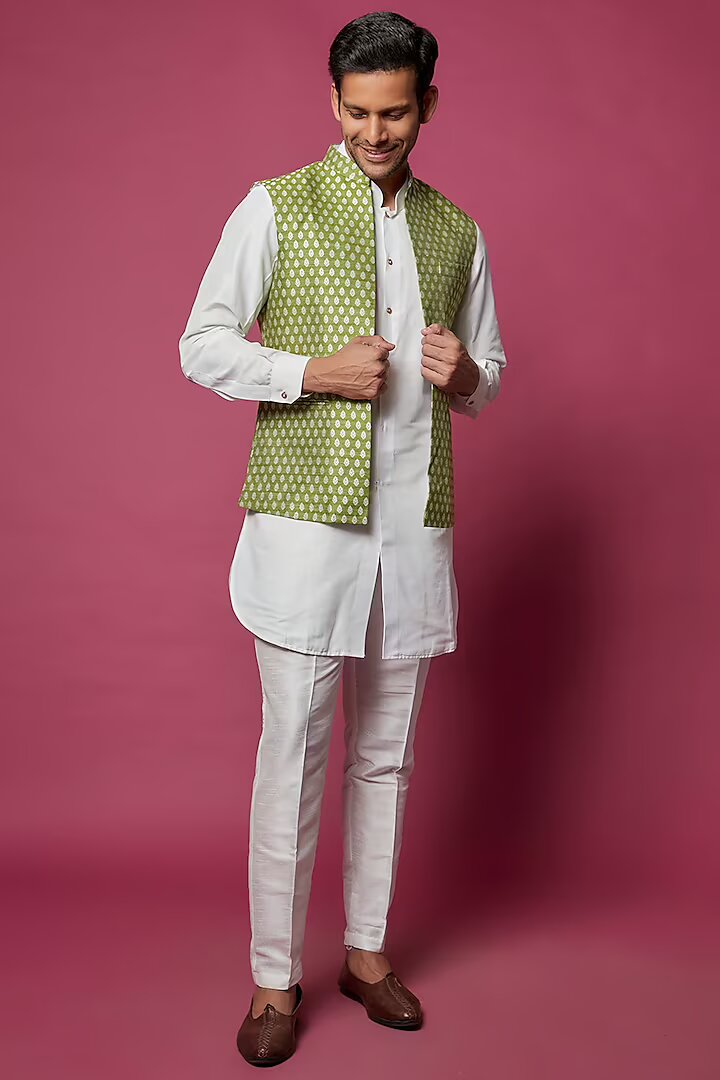 Olive Green Brocade Kurta-Jacket Set