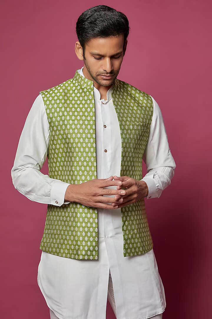 Olive Green Brocade Kurta-Jacket Set