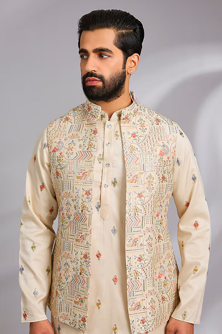 Beige Embroidered Kurta-Jacket Set