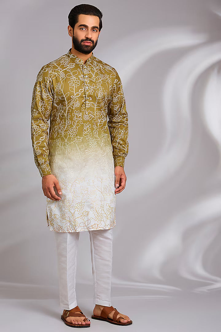 Lime Green Ombre Embroidered Kurta Set