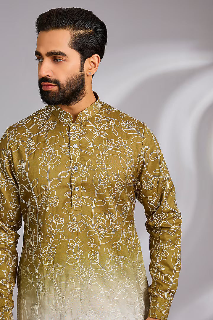Lime Green Ombre Embroidered Kurta Set