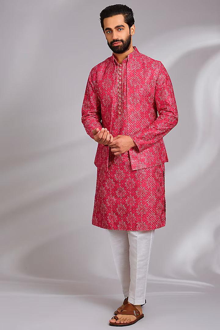 Red Printed Kurta-Jacket Set