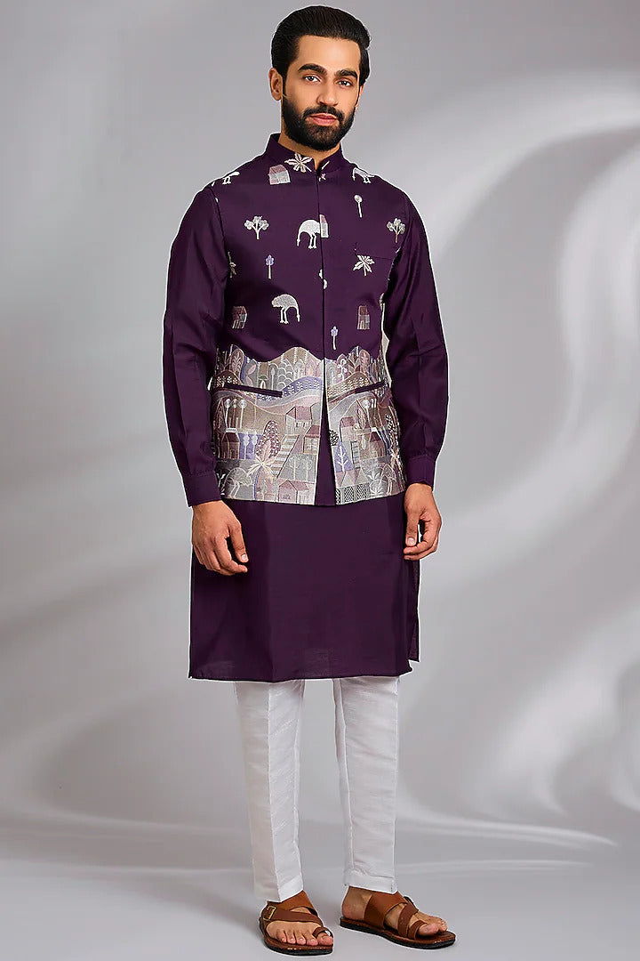 Wine Embroidered Kurta-Jacket Set