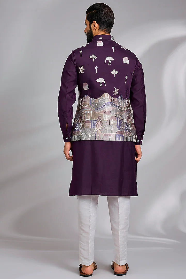 Wine Embroidered Kurta-Jacket Set