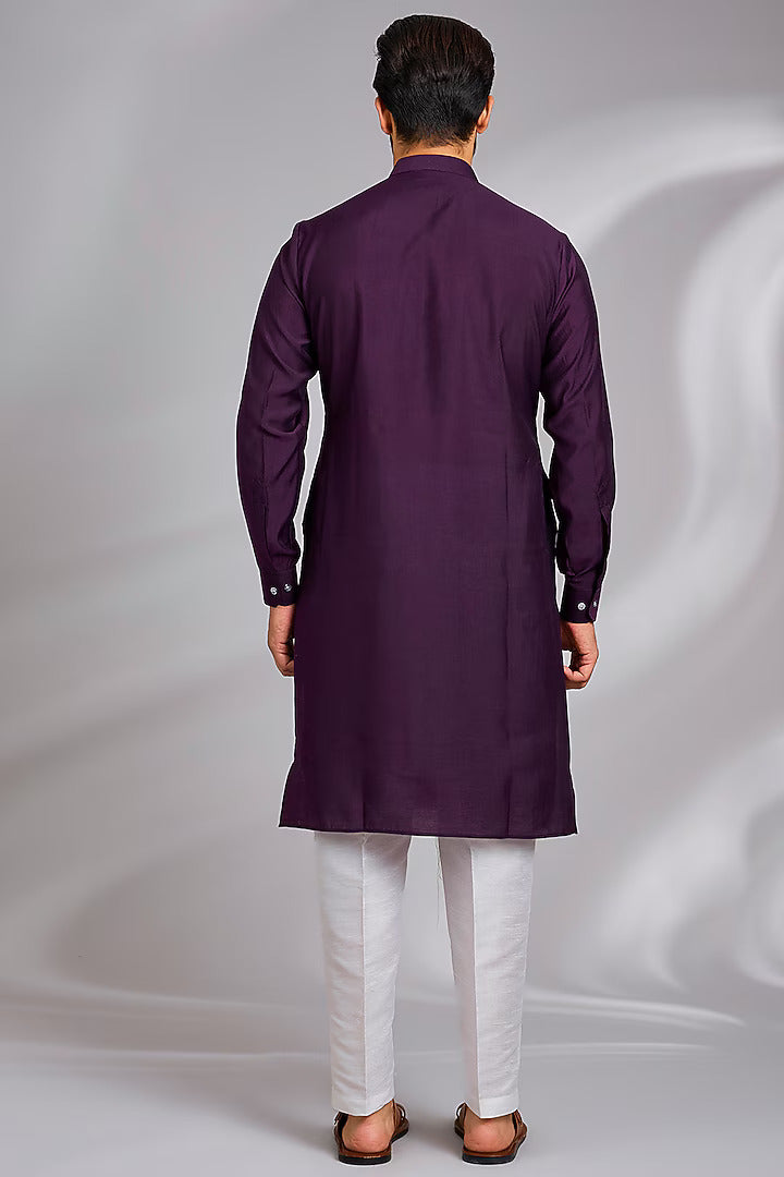 Wine Embroidered Kurta-Jacket Set