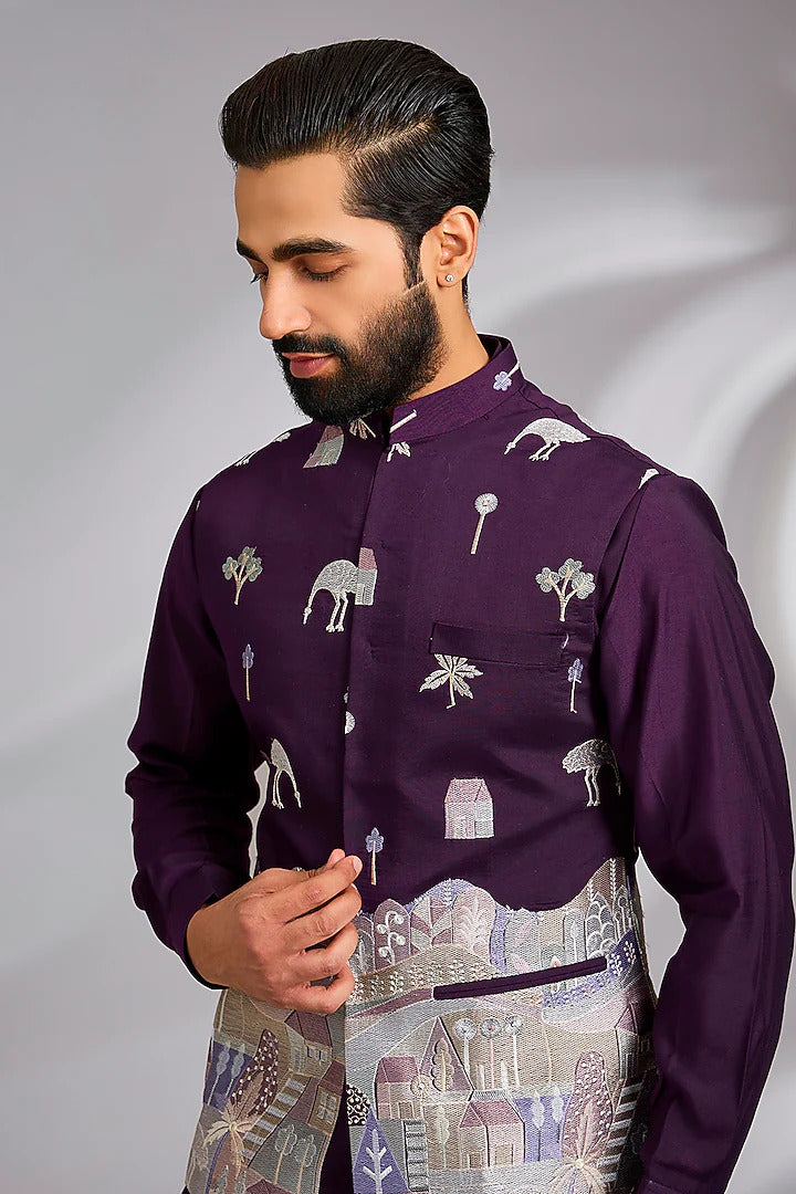Wine Embroidered Kurta-Jacket Set