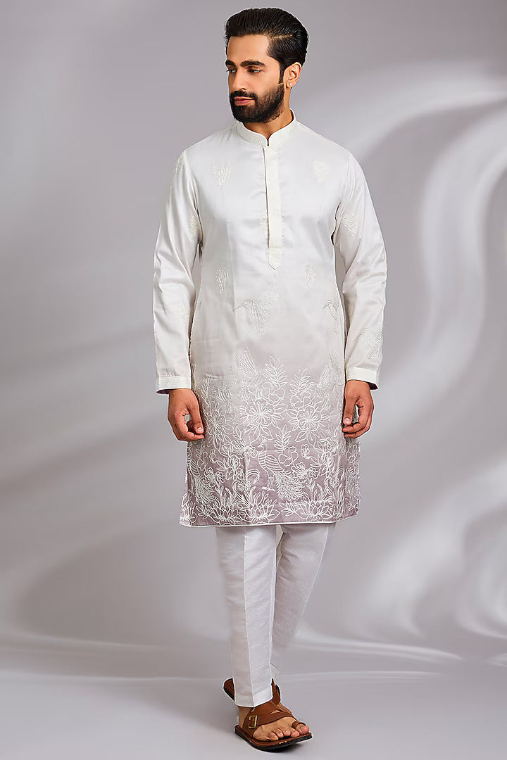 White and Pink Ombre Embroidered Kurta Set