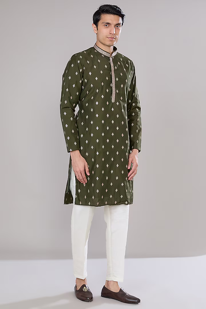 Olive Green Embroidered Kurta Set