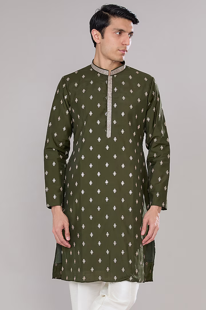 Olive Green Embroidered Kurta Set