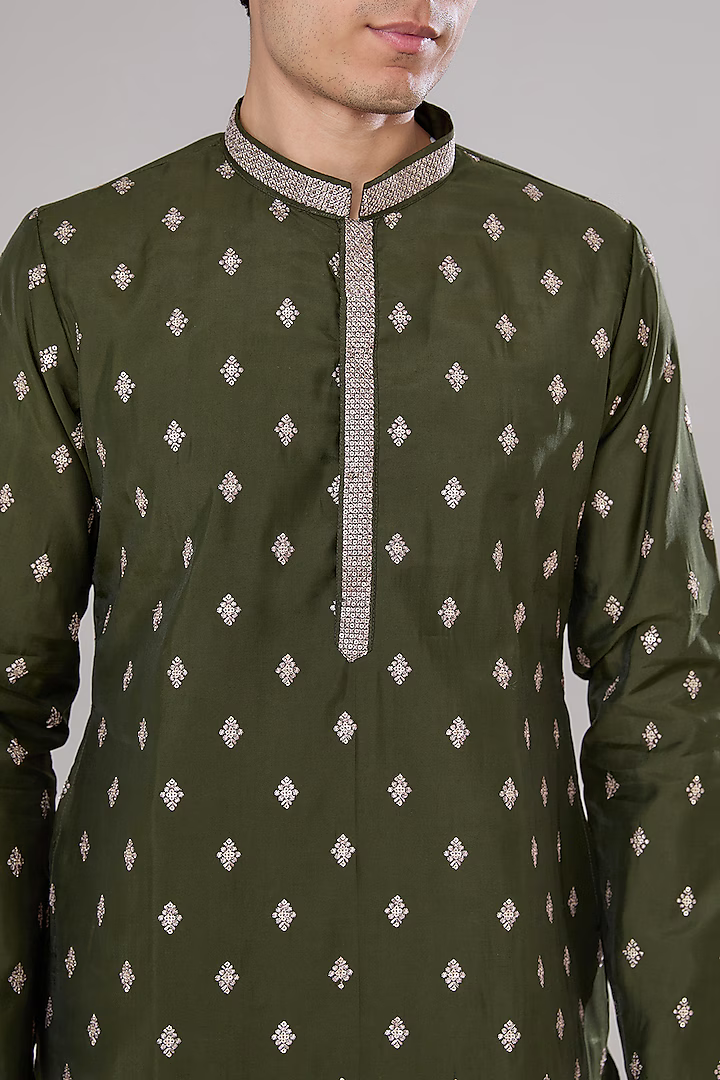 Olive Green Embroidered Kurta Set