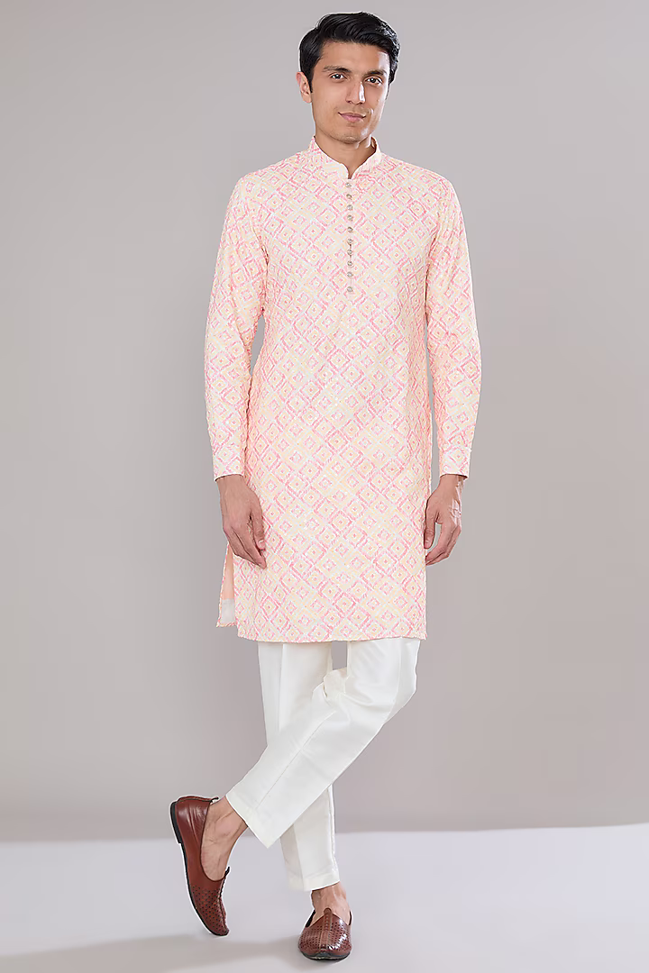 Pink and Yellow Ikat Printed Kurta Set