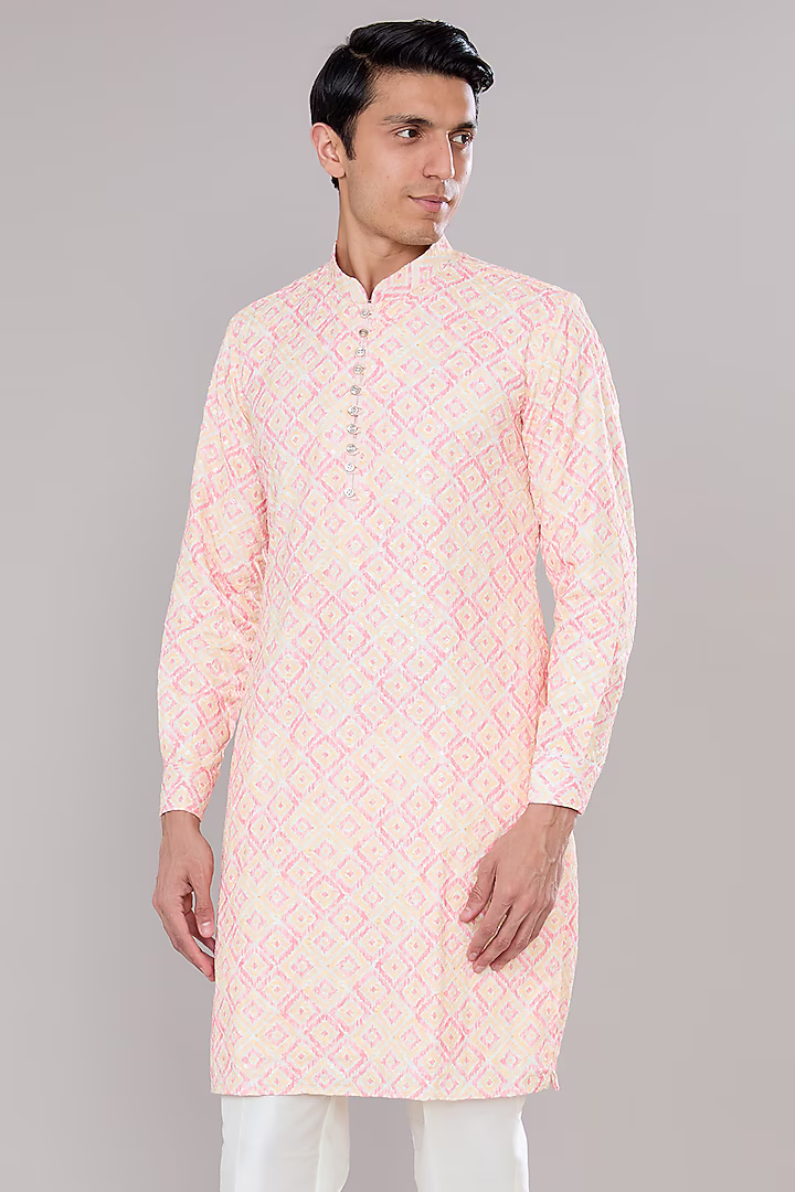 Pink and Yellow Ikat Printed Kurta Set