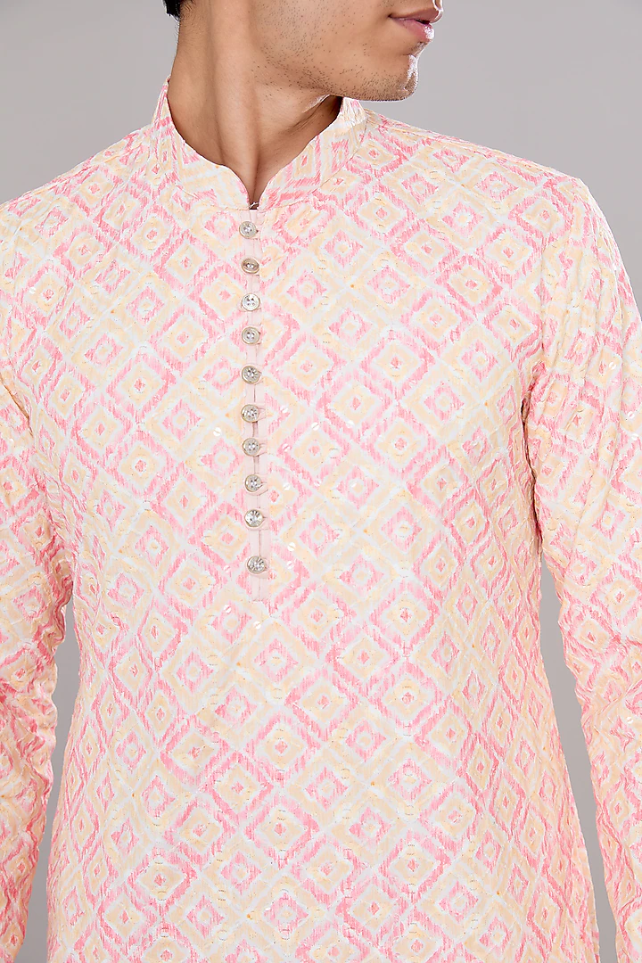 Pink and Yellow Ikat Printed Kurta Set