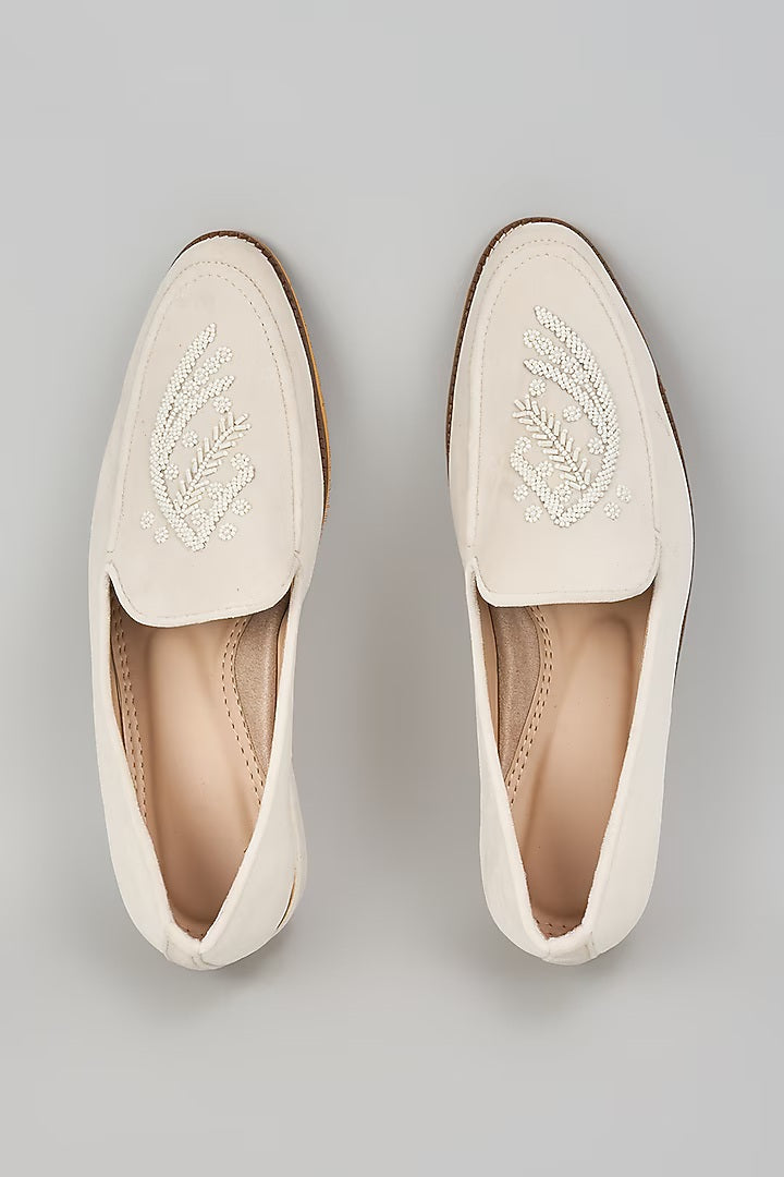 Off White Embroidered Loafers