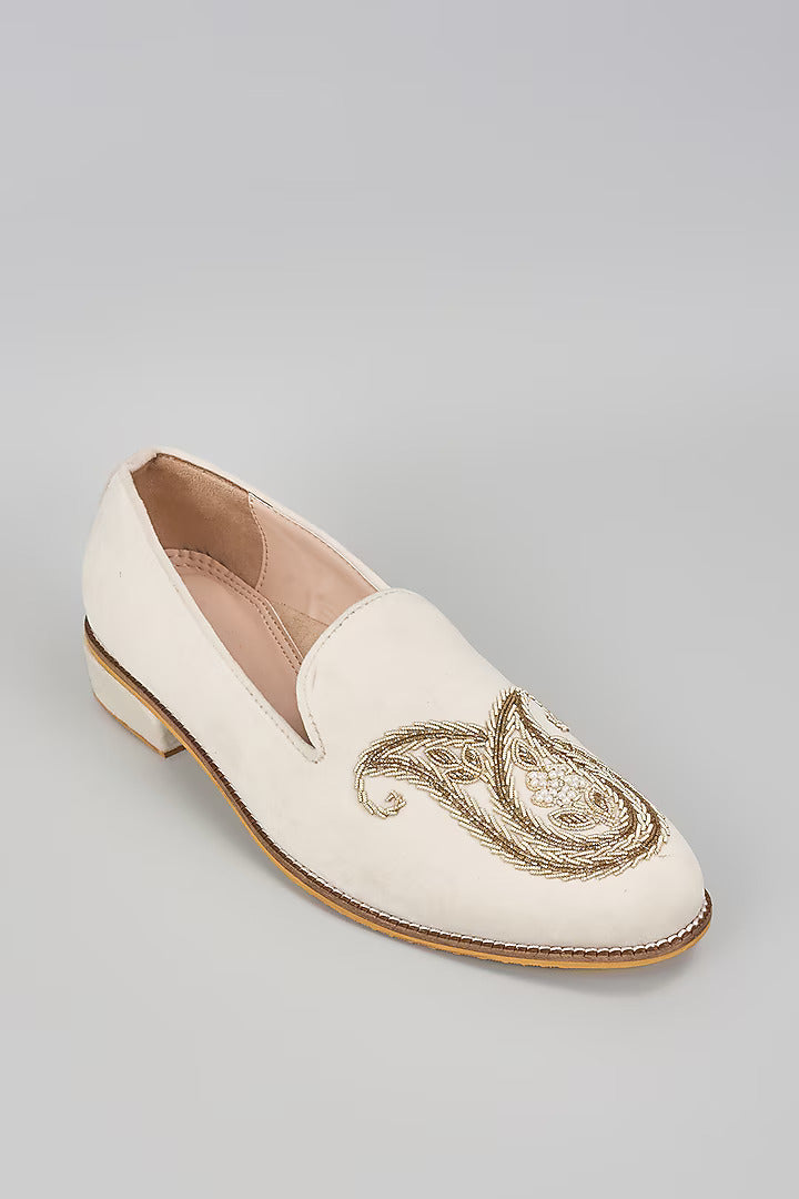 Off White Embroidered Loafers