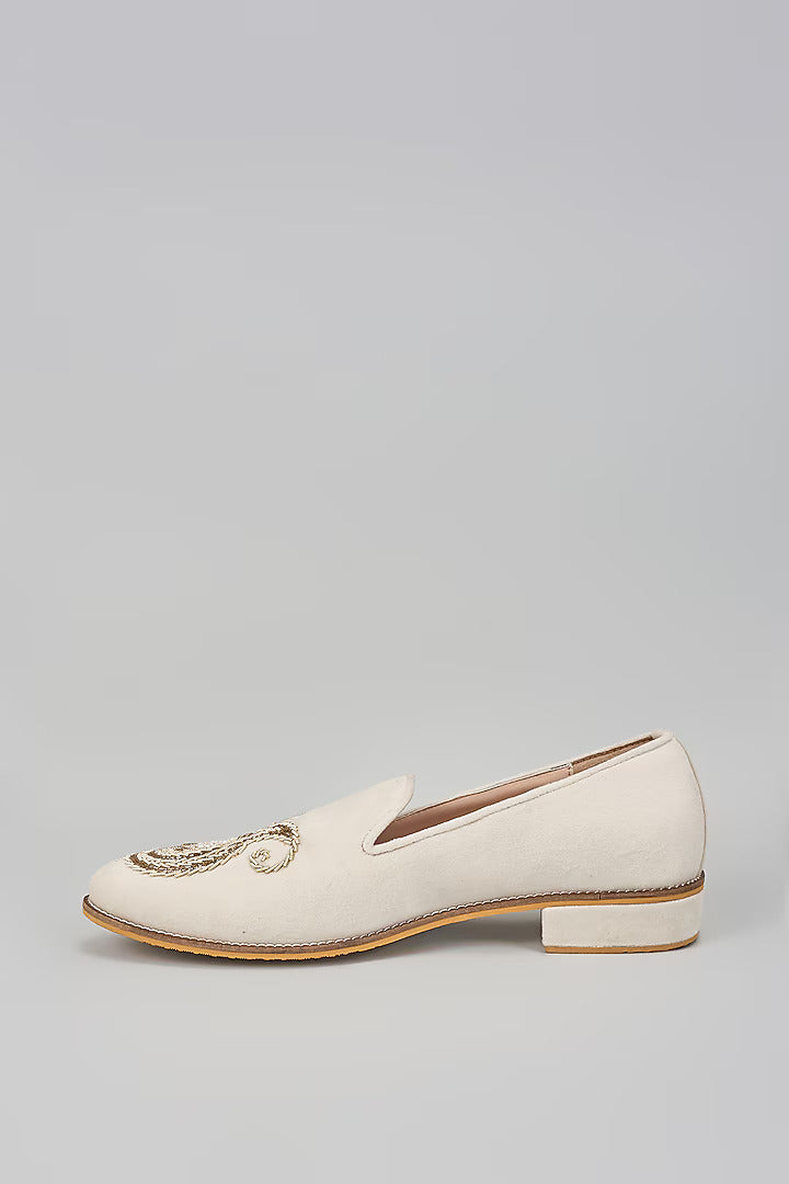 Off White Embroidered Loafers