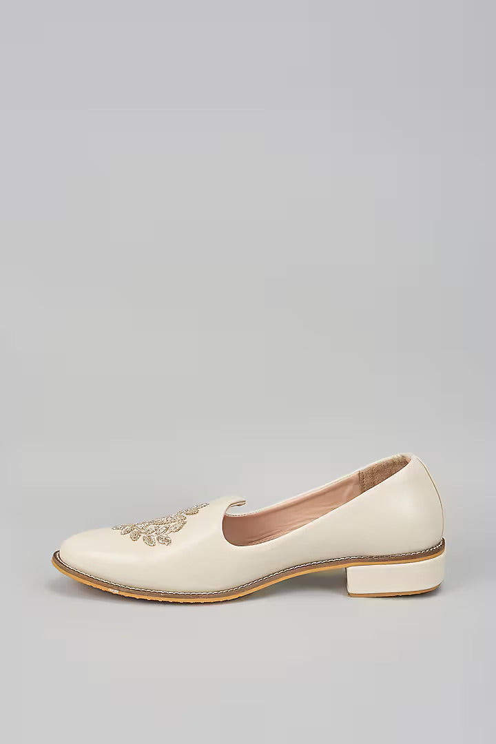 Off White Embroidered Loafers