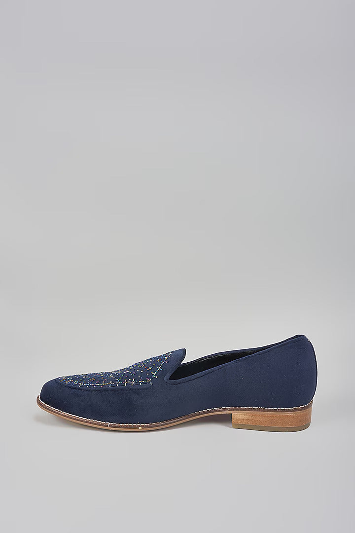Navy Blue Embroidered Loafers