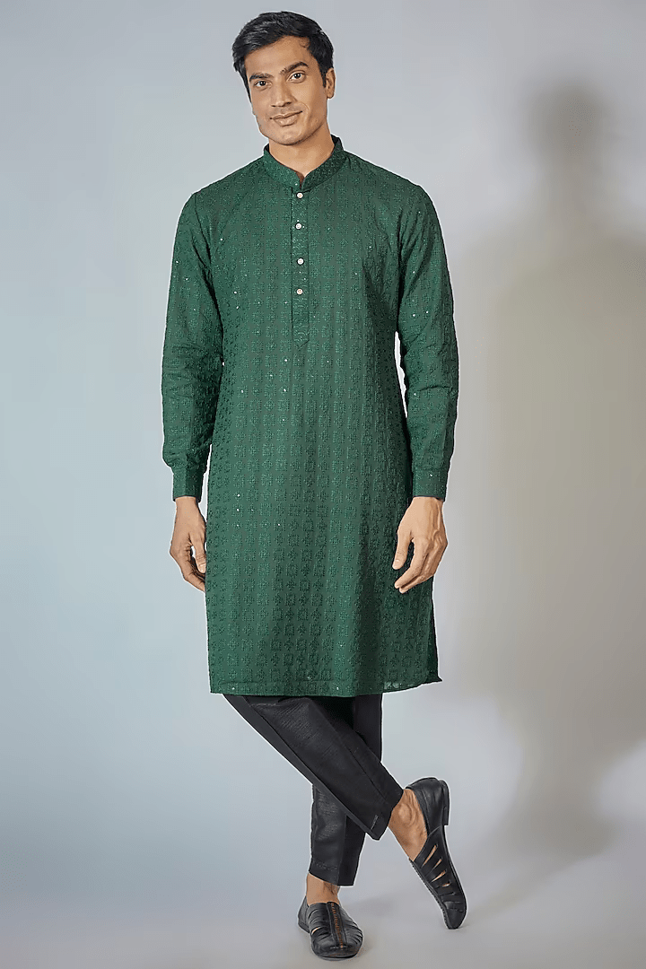 Bottle Green Embroidered Kurta Set