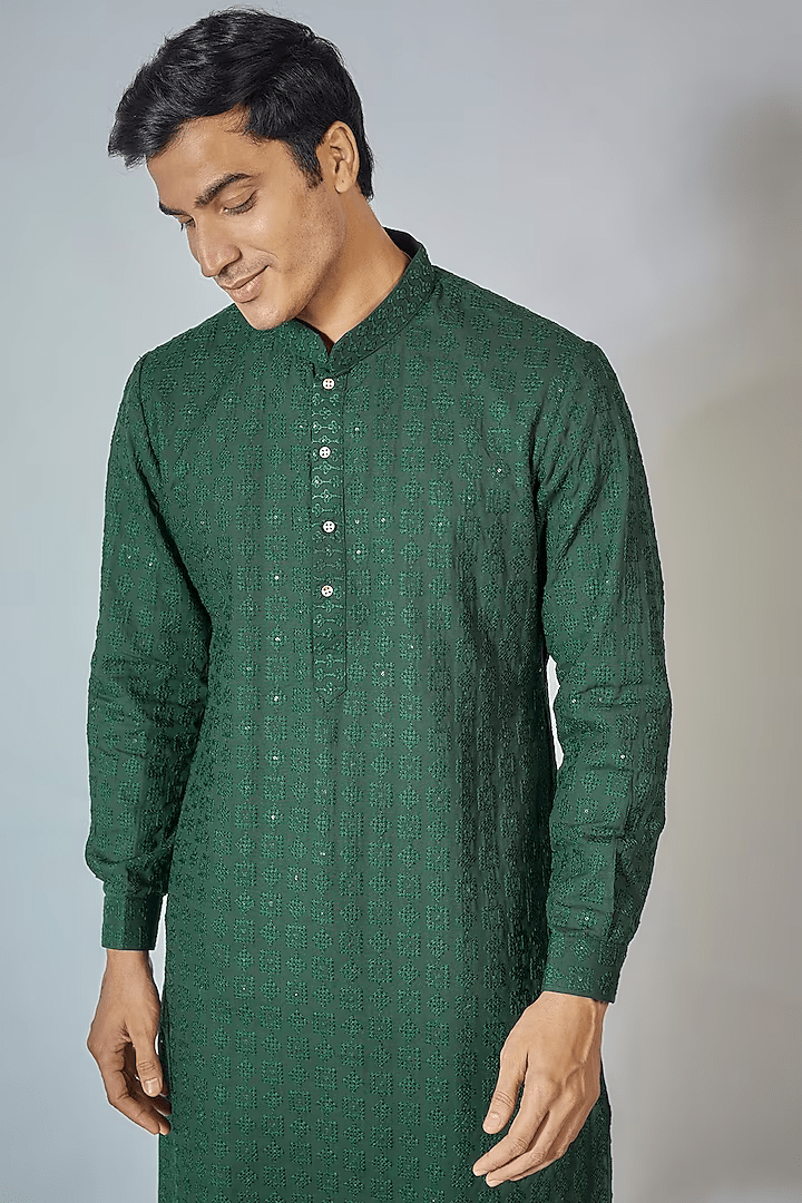 Bottle Green Embroidered Kurta Set