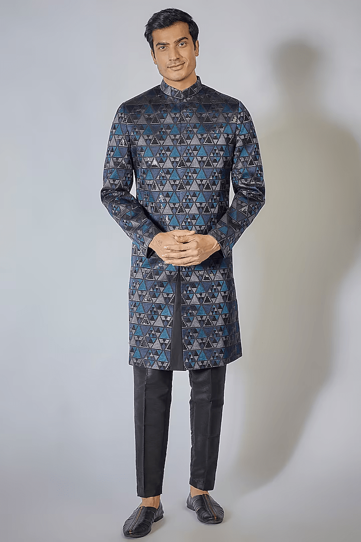 Blue Embroidered Achkan Set