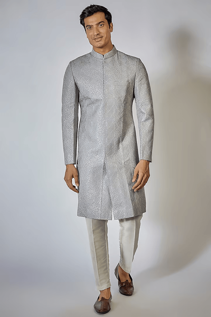 Grey Embroidered Achkan Set
