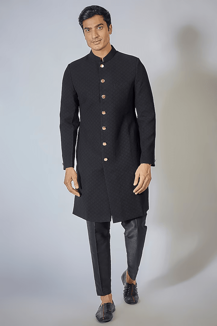 Black Self Embroidered Achkan Set