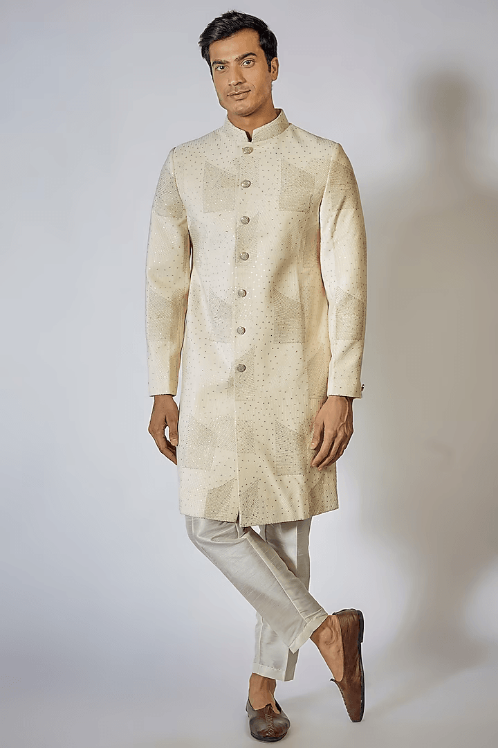 Off White Embroidered Achkan Set