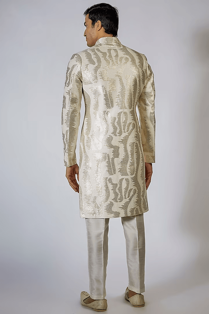 Off White Embroidered Achkan Set