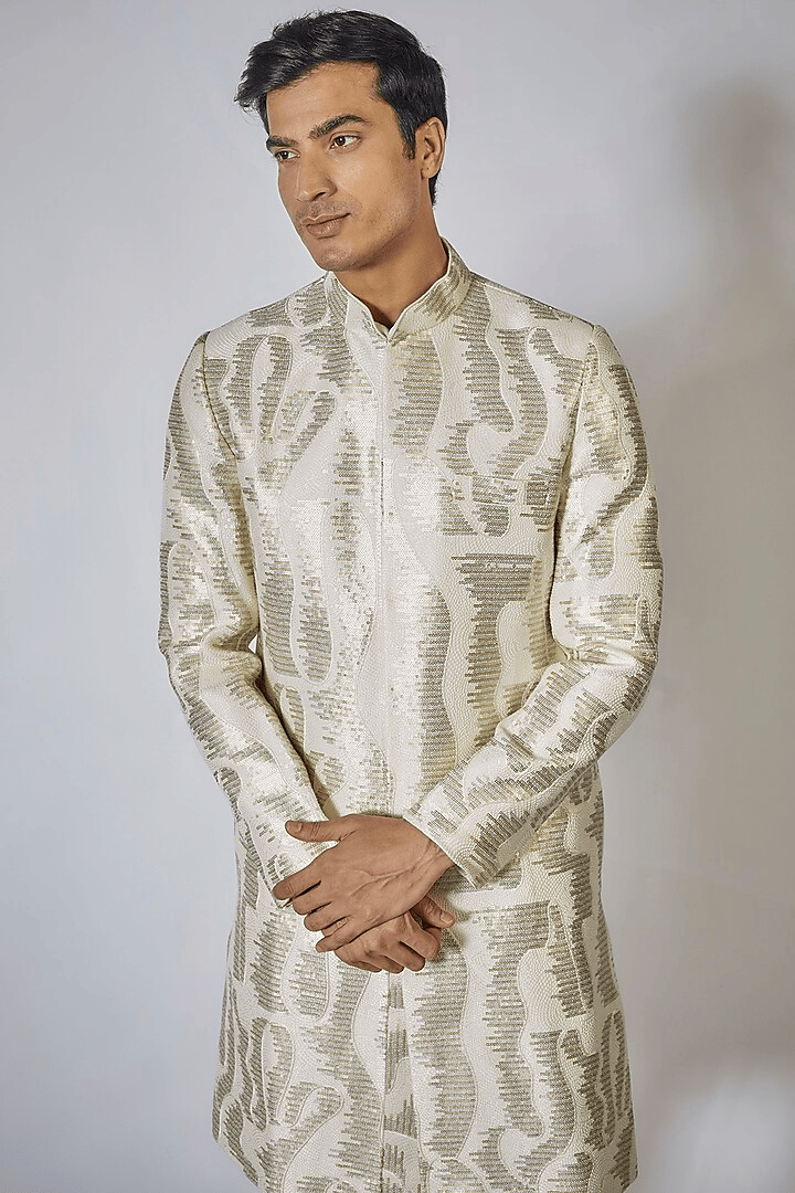 Off White Embroidered Achkan Set