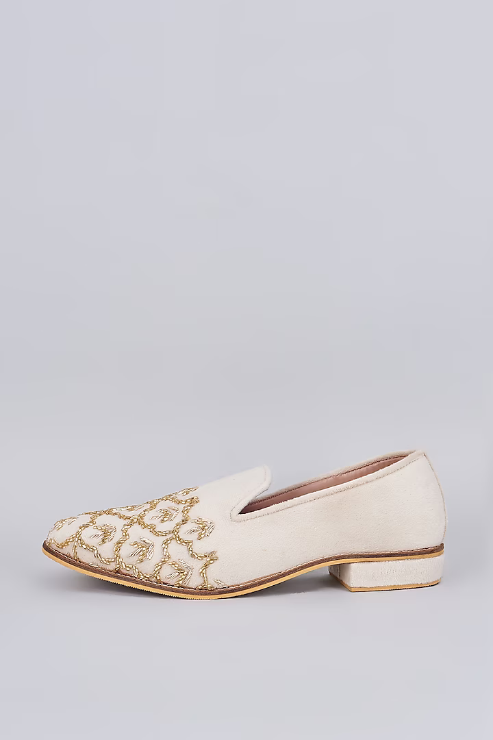 White raw silk based slip on loafers