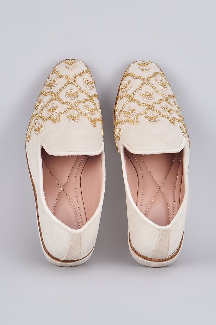 White raw silk based slip on loafers