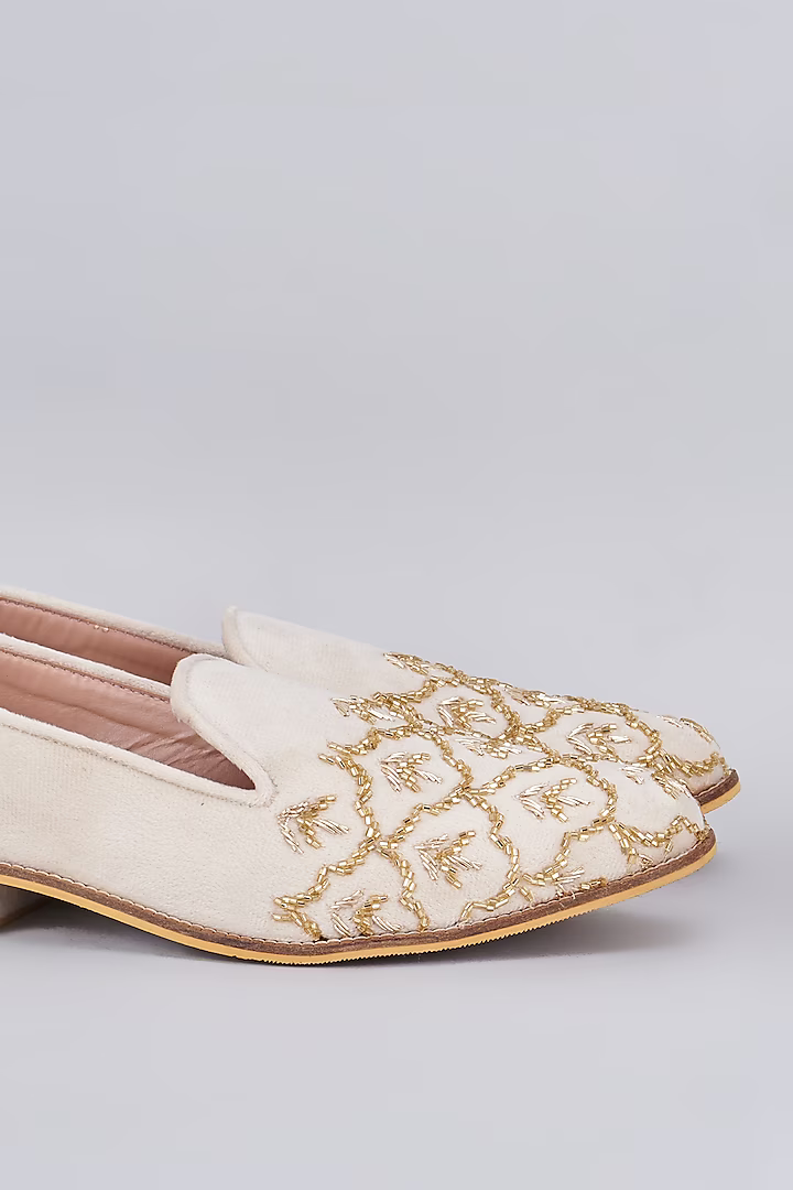 White raw silk based slip on loafers