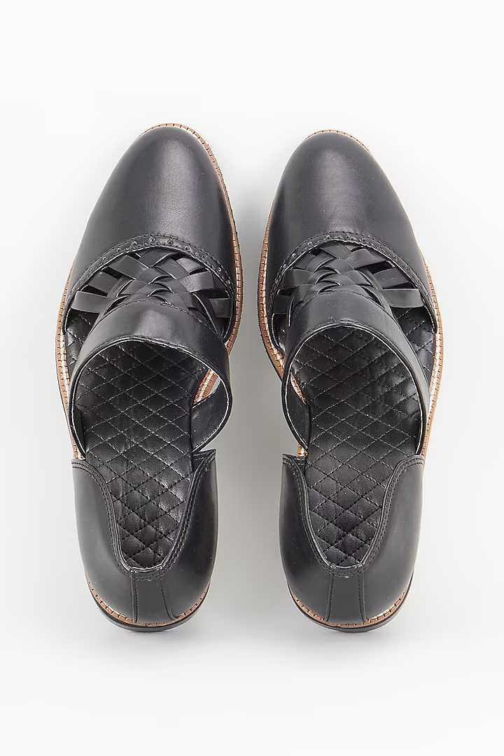 Black leather based handcrafted slip on mules