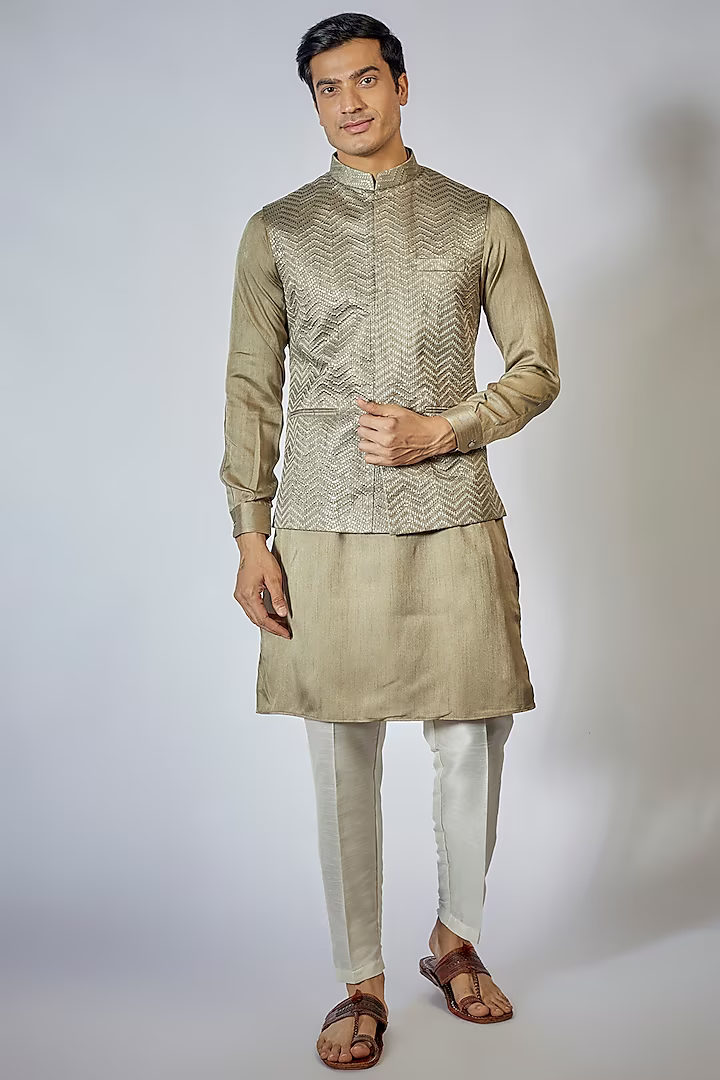 Sage Green Embroidered Kurta-Jacket Set