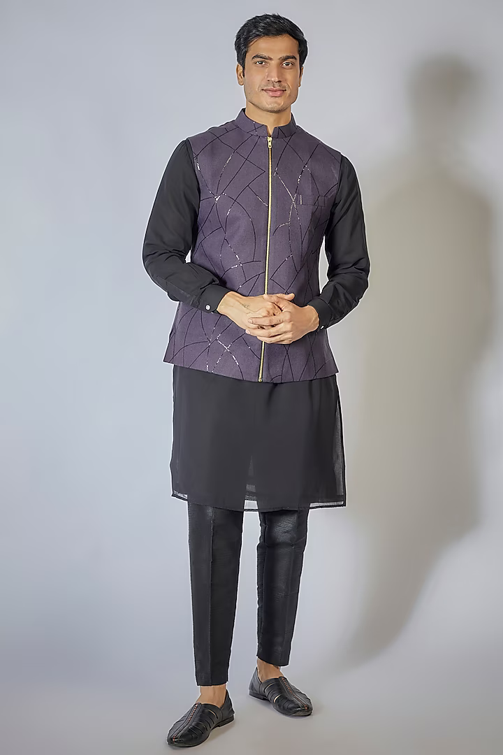 Wine Zipper Embroidered Kurta-Jacket Set