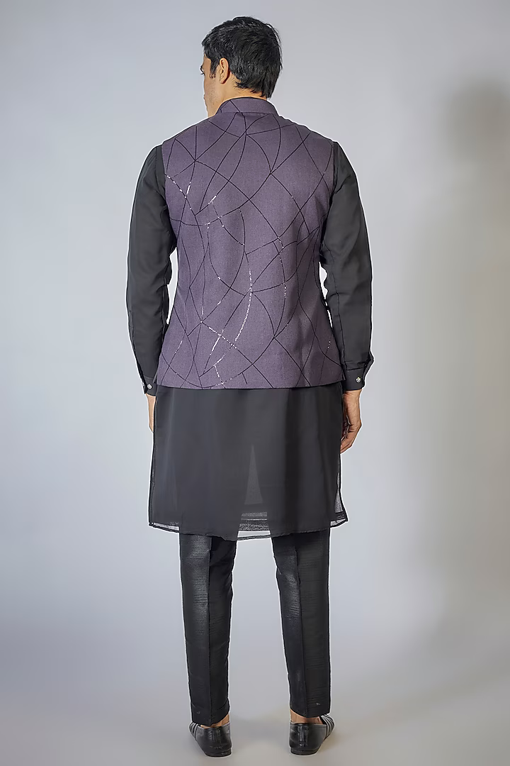 Wine Zipper Embroidered Kurta-Jacket Set