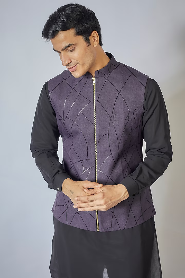 Wine Zipper Embroidered Kurta-Jacket Set
