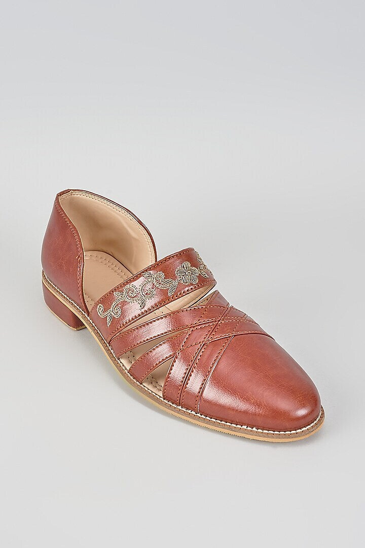 Tan Brown Zari Embroidered Sandals