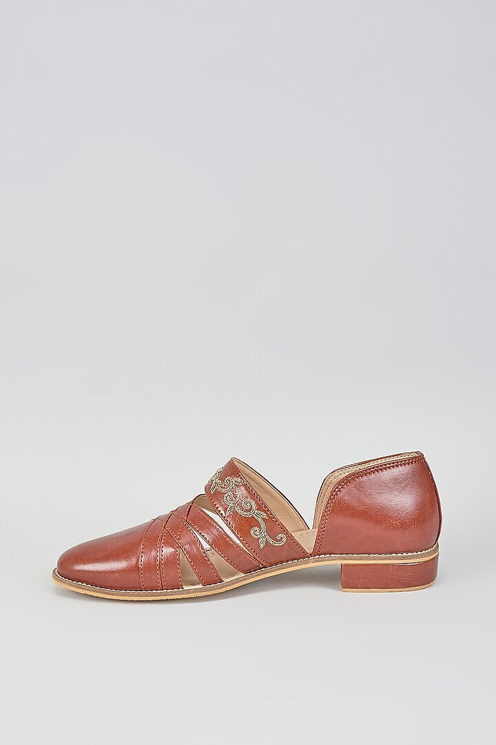 Tan Brown Zari Embroidered Sandals