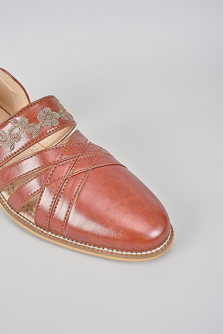 Tan Brown Zari Embroidered Sandals