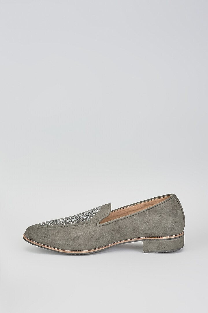 Grey Velvet Loafers with Beaded Embroidery
